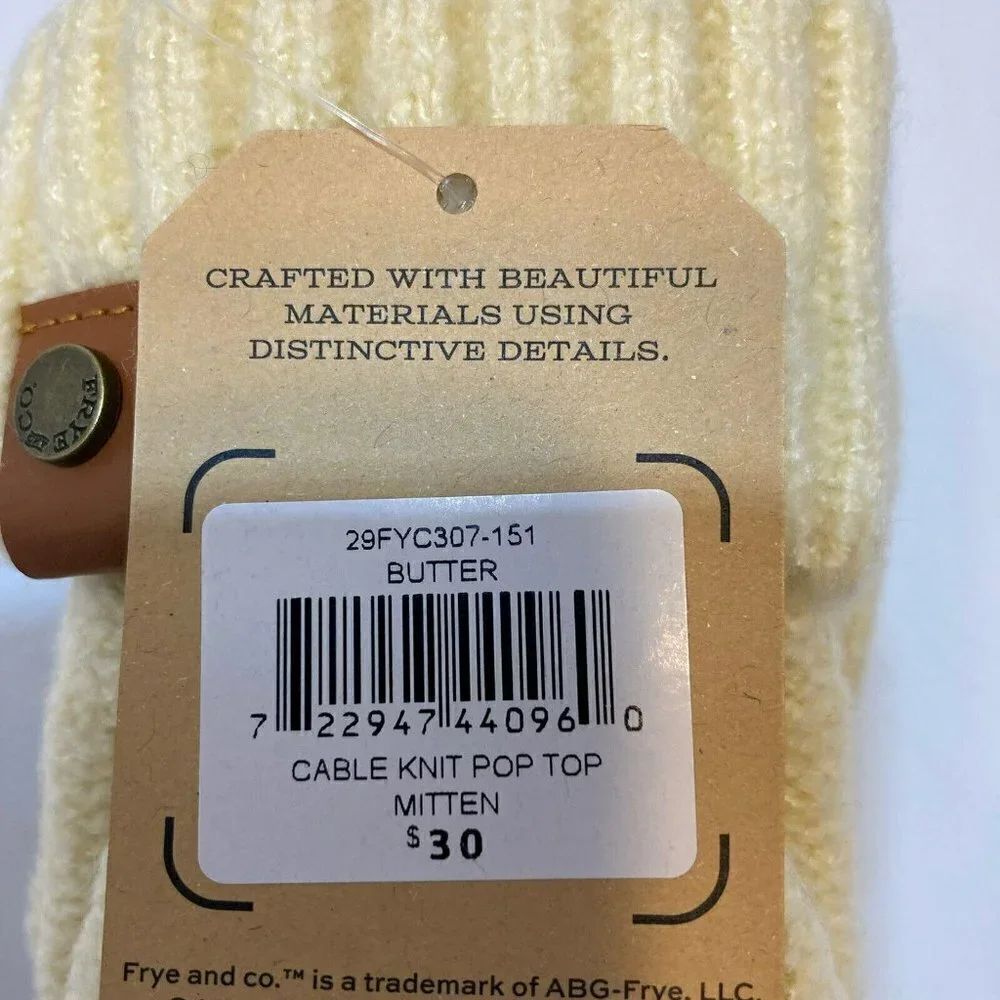 Frye & Co NWT Womens Butter Creamy Tan Cable Knit Pop Top Mitten Gloves-OSFM